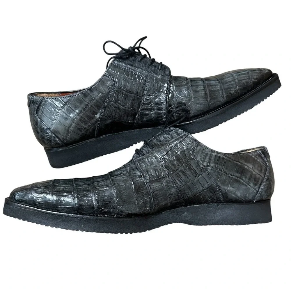 Mezlan Platinum Kingman Black Exotic Caiman Leather Shoes Vibram Sole 9.5 Spain